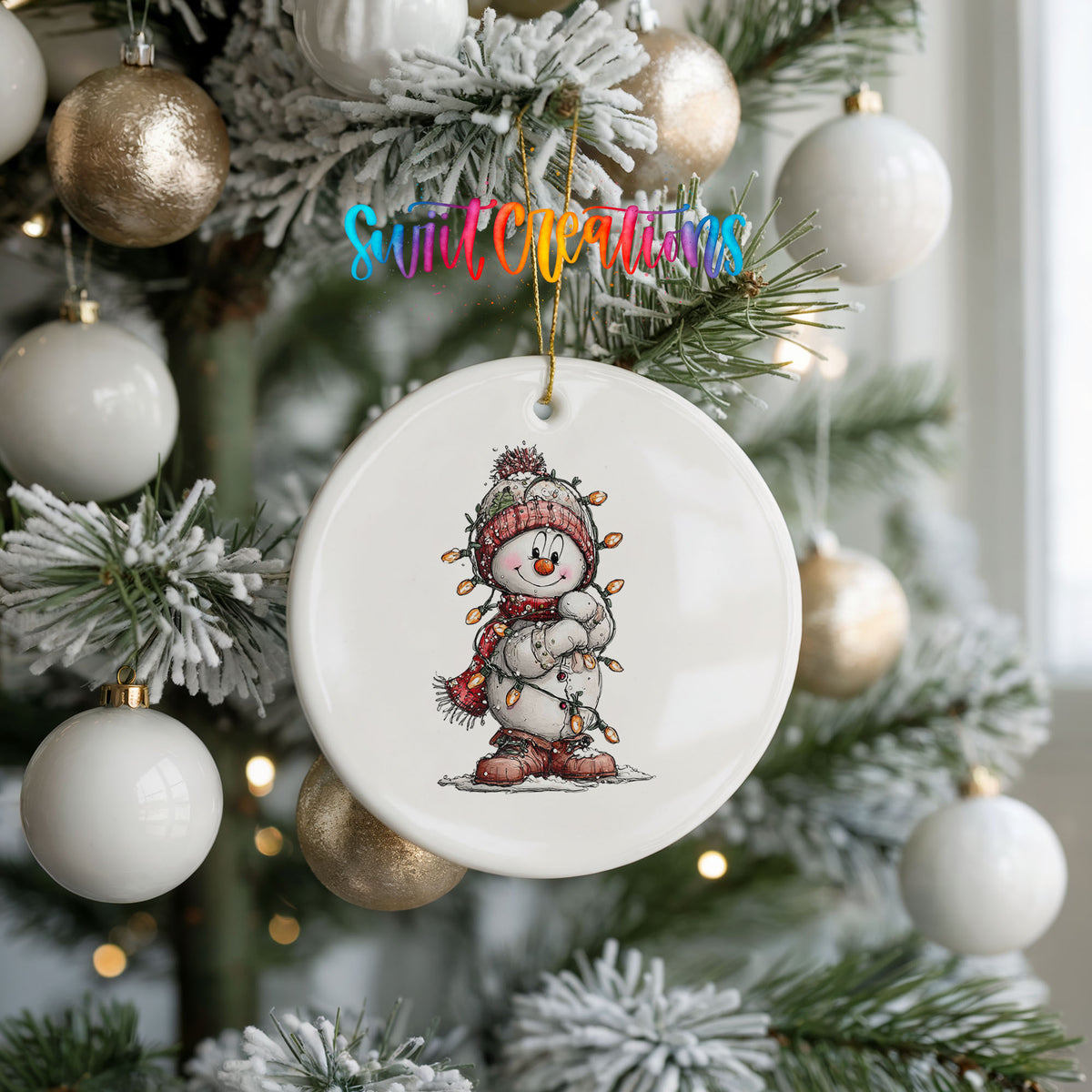snowman in a red hat and striped scarf ceramic Christmas ornament hanging on a frosted tree with ornaments