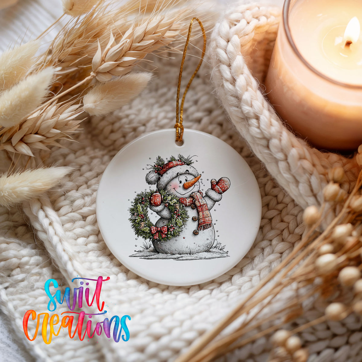 snowman in a red hat holding a Christmas ornament ceramic Christmas ornament styled on a cozy knit blanket