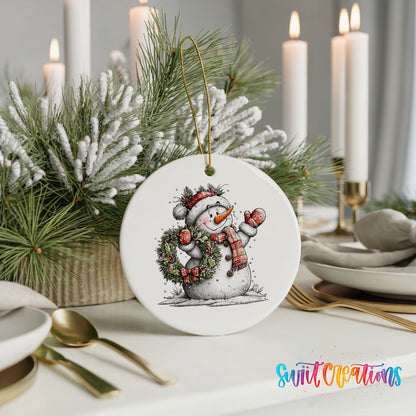 snowman in a red hat holding a Christmas ornament ceramic Christmas ornament shown in a holiday table setting
