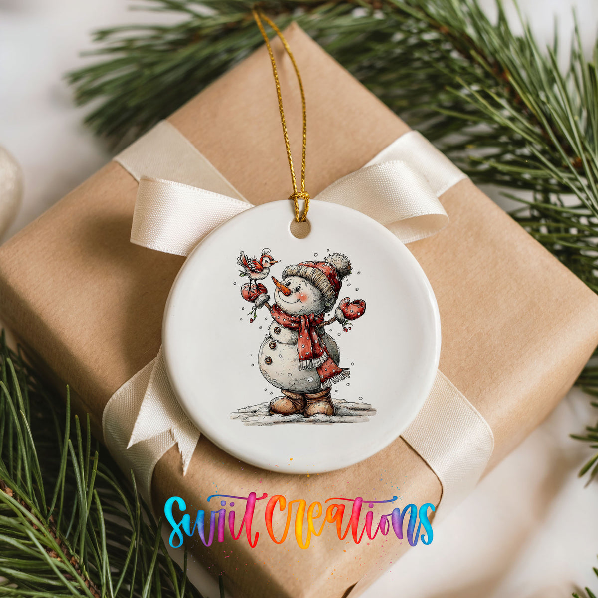 cheerful snowman waving in a red winter hat ceramic Christmas ornament displayed on a wrapped Christmas gift