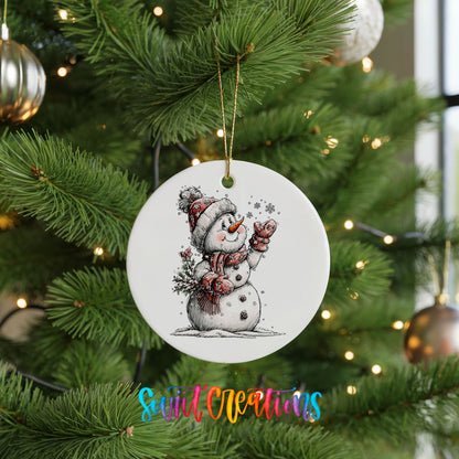 snowman holding a snowy Christmas tree ceramic Christmas ornament hanging on a lit Christmas tree