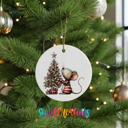 woodland mouse beside a decorated Christmas tree ceramic Christmas ornament hanging on a lit Christmas tree