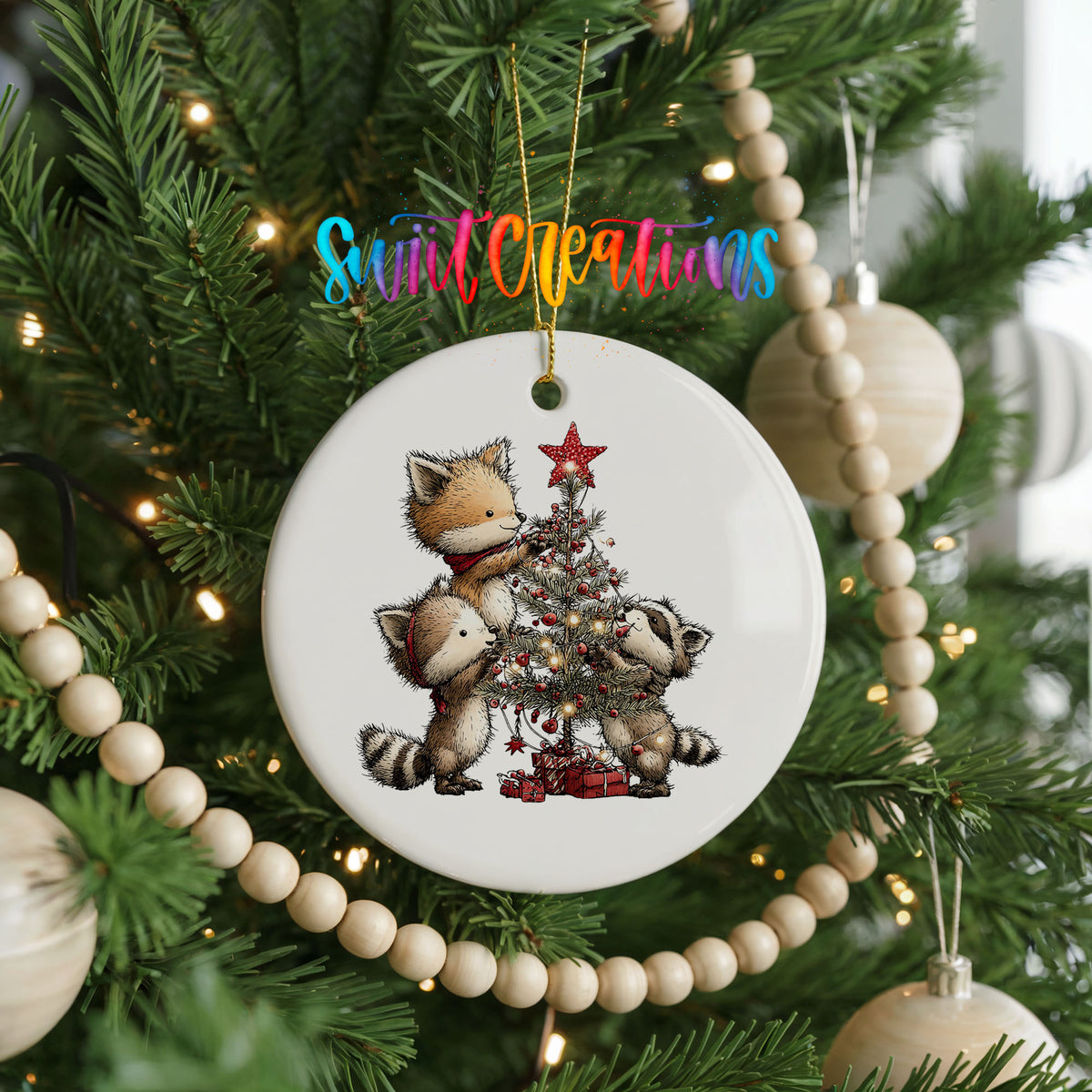 woodland fox beside a decorated Christmas tree ceramic Christmas ornament hanging on a green Christmas tree