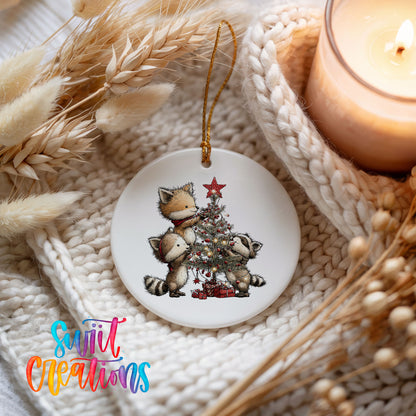woodland fox beside a decorated Christmas tree ceramic Christmas ornament styled on a cozy knit blanket