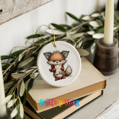 woodland fox in a red hat holding a tiny snowman ceramic Christmas ornament styled on stacked books with greenery