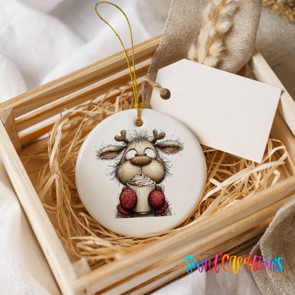 woodland reindeer wearing red mittens ceramic Christmas ornament displayed in a wooden gift crate