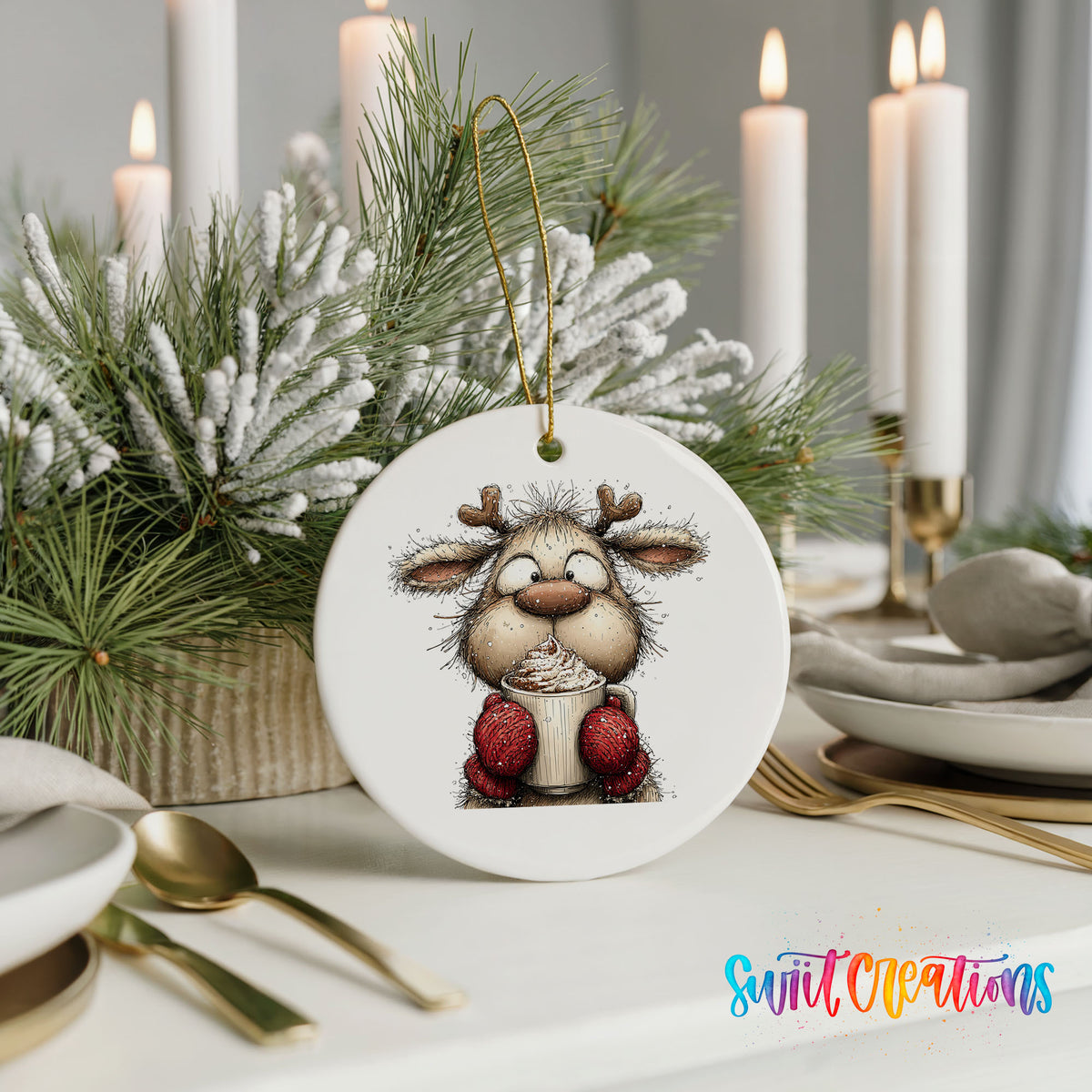 woodland reindeer wearing red mittens ceramic Christmas ornament shown in a holiday table setting