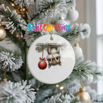 woodland owl hanging upside down with a red ornament ceramic Christmas ornament hanging on a frosted Christmas tree