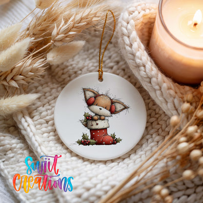 woodland fox sitting in a red Christmas stocking ceramic Christmas ornament styled on a cozy knit blanket