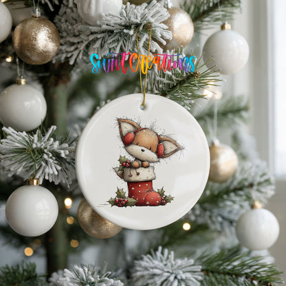 woodland fox sitting in a red Christmas stocking ceramic Christmas ornament hanging on a frosted tree with ornaments