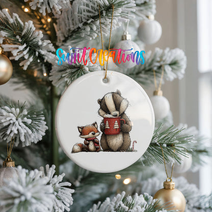 woodland badger and fox in winter scarves ceramic Christmas ornament hanging on a frosted Christmas tree