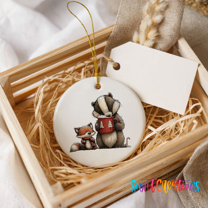 woodland badger and fox in winter scarves ceramic Christmas ornament displayed in a wooden gift crate