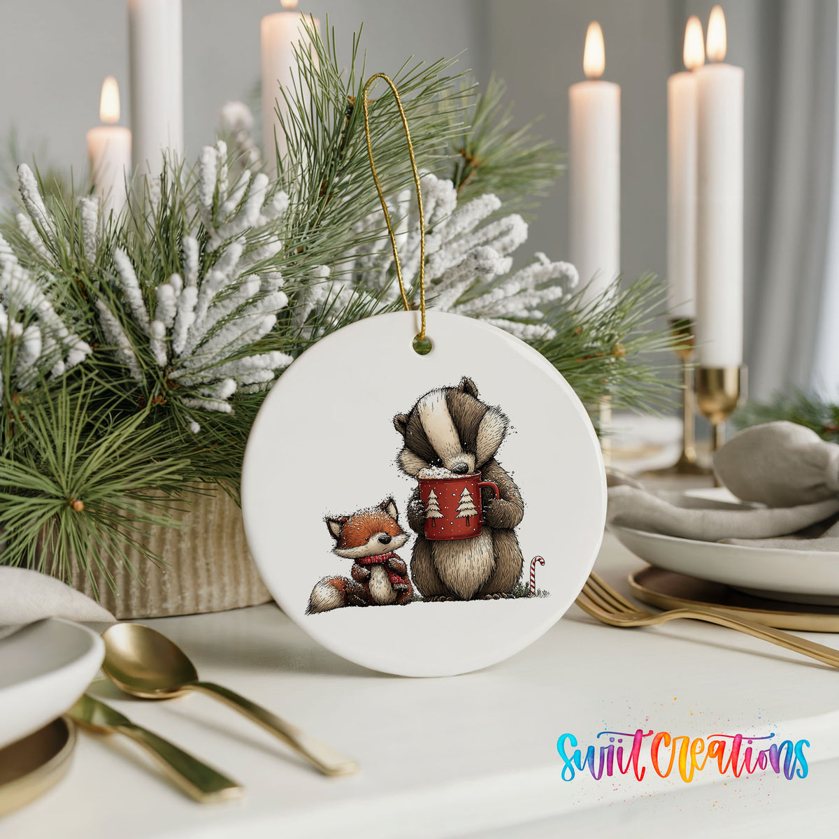 woodland badger and fox in winter scarves ceramic Christmas ornament shown in a holiday table setting