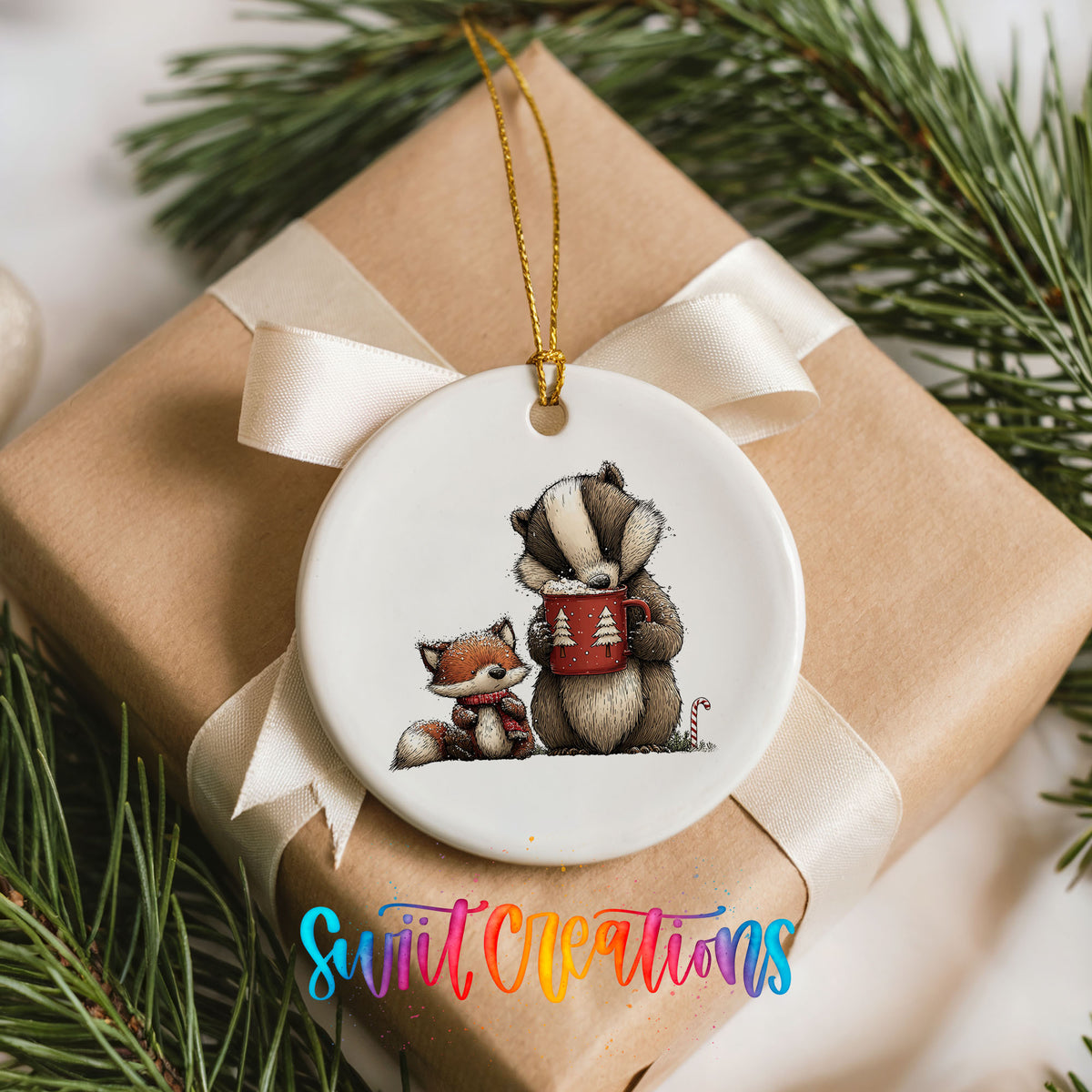 woodland badger and fox in winter scarves ceramic Christmas ornament displayed on a wrapped Christmas gift