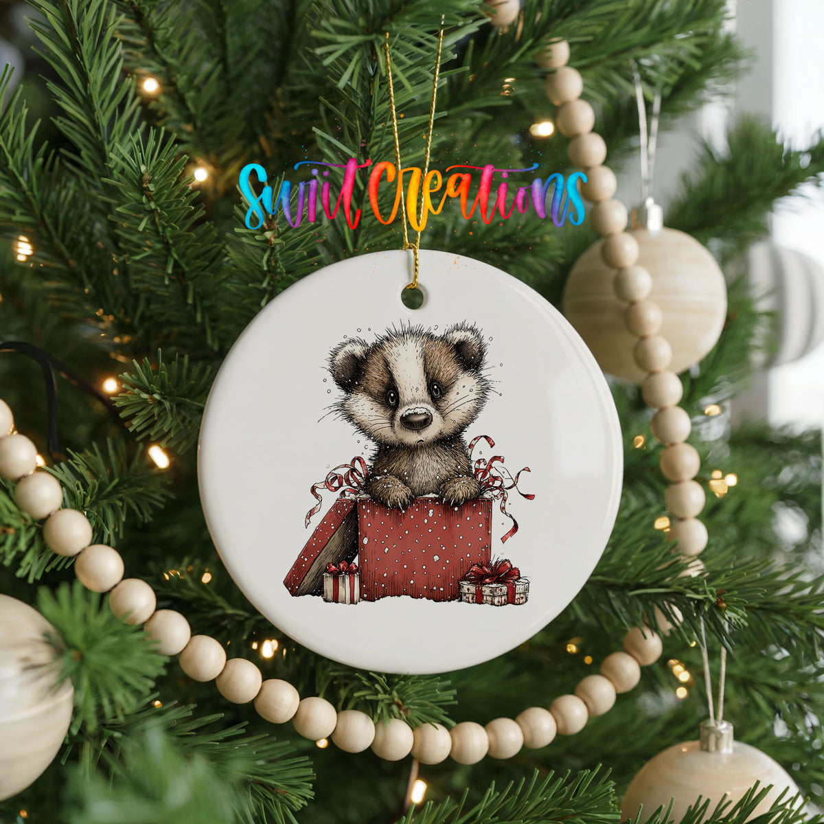 woodland badger carrying a red Christmas gift sack ceramic Christmas ornament hanging on a green Christmas tree