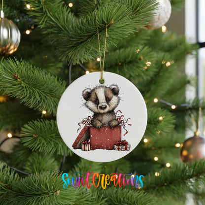woodland badger carrying a red Christmas gift sack ceramic Christmas ornament hanging on a lit Christmas tree