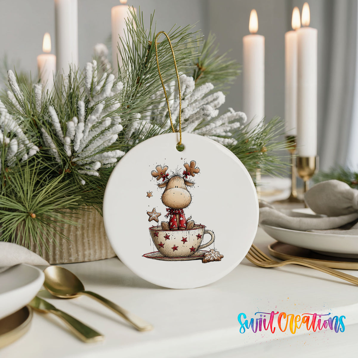 woodland reindeer sitting in a holiday teacup ceramic Christmas ornament shown in a holiday table setting
