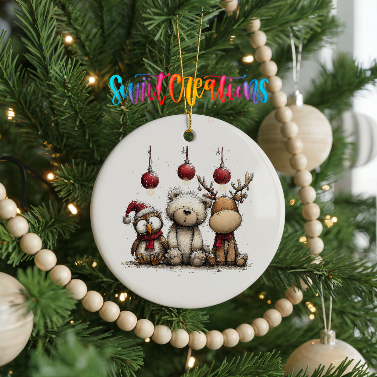 woodland bear fox and reindeer with red ornaments ceramic Christmas ornament hanging on a green Christmas tree