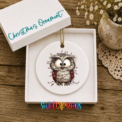 woodland owl wrapped in colorful Christmas lights ceramic Christmas ornament presented in a gift box