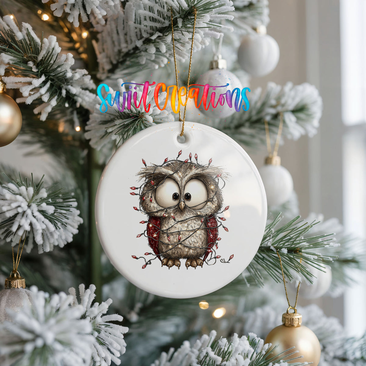 woodland owl wrapped in colorful Christmas lights ceramic Christmas ornament hanging on a frosted Christmas tree