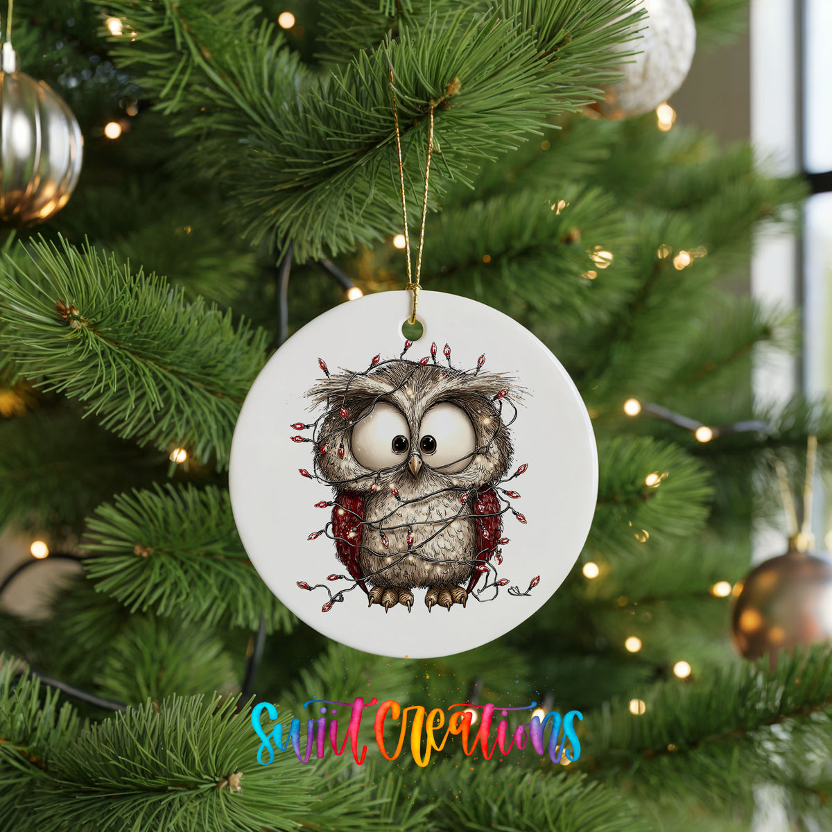 woodland owl wrapped in colorful Christmas lights ceramic Christmas ornament hanging on a lit Christmas tree