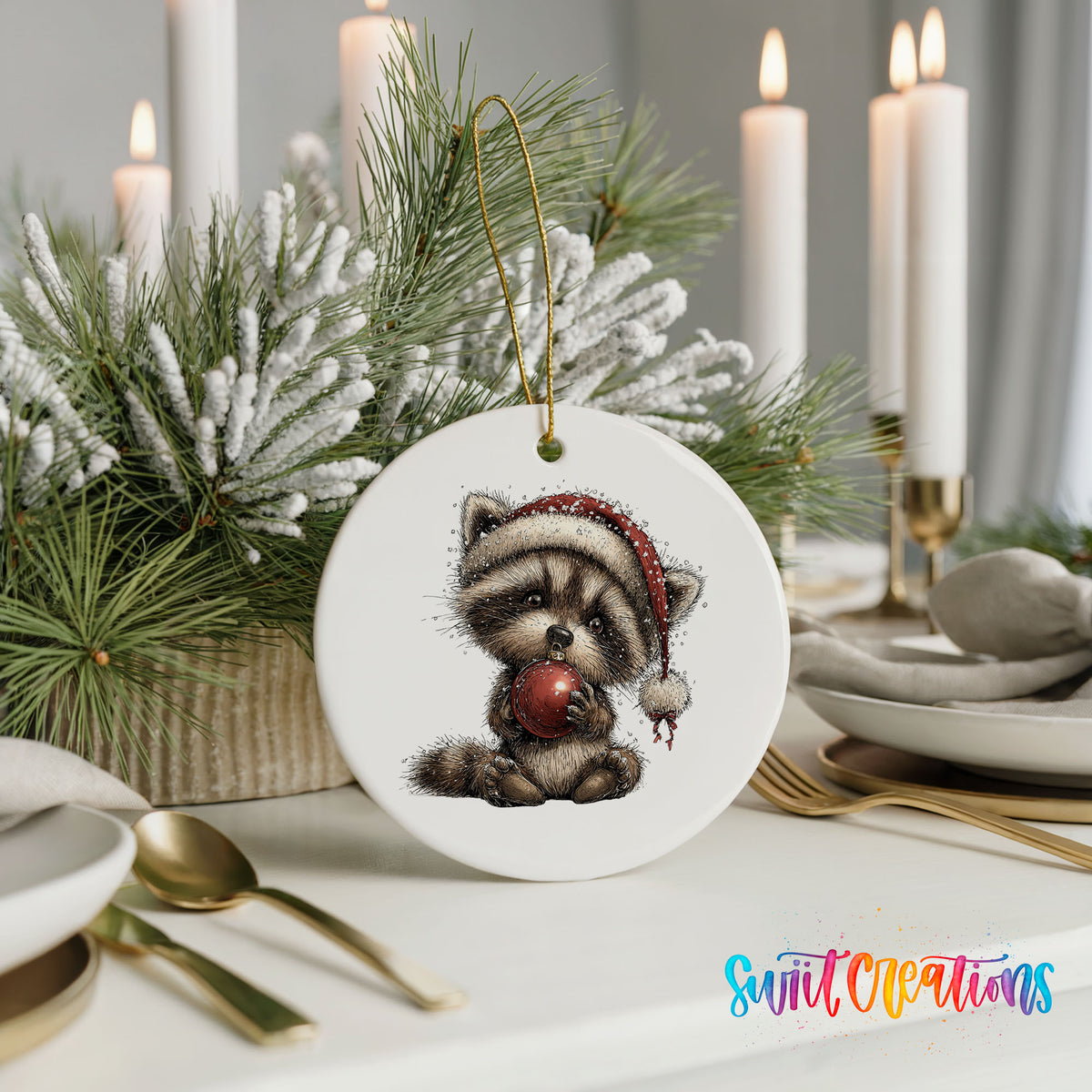 woodland raccoon in a Santa hat holding a red ornament ceramic Christmas ornament shown in a holiday table setting