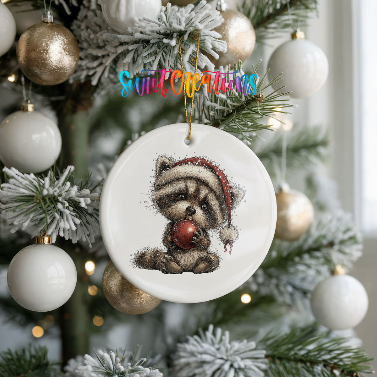 woodland raccoon in a Santa hat holding a red ornament ceramic Christmas ornament hanging on a frosted tree with ornaments
