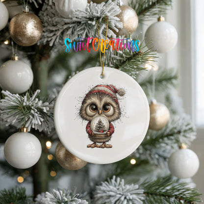 woodland owl in a Santa hat holding a snow globe ceramic Christmas ornament hanging on a frosted tree with ornaments