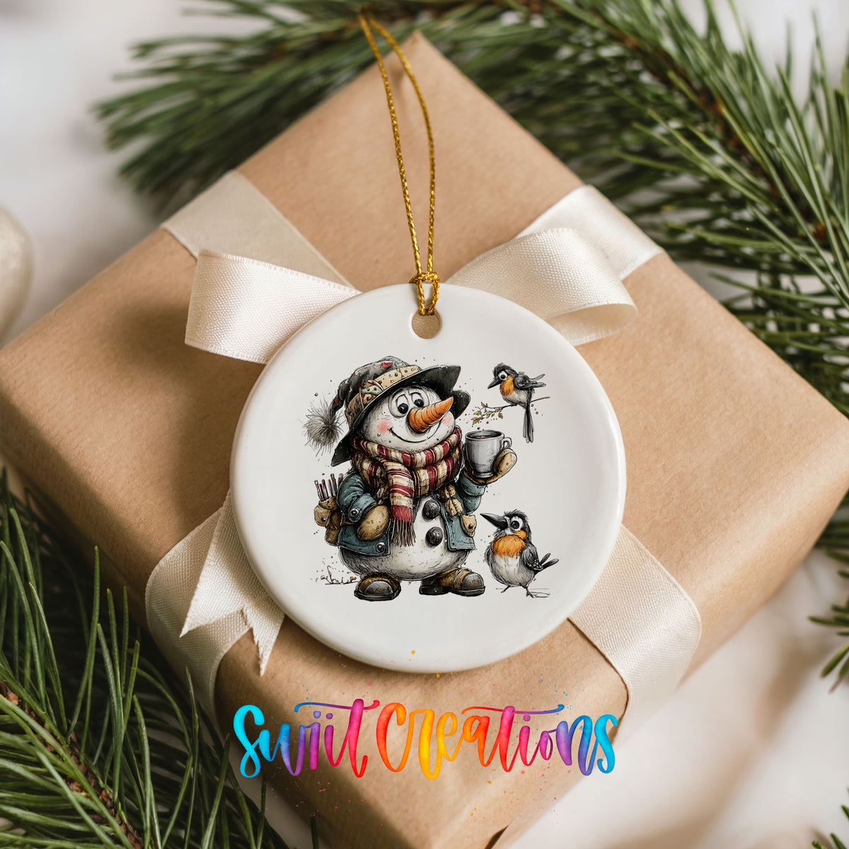 snowman with winter birds and a warm mug ceramic Christmas ornament displayed on a wrapped Christmas gift