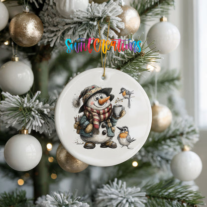 snowman with winter birds and a warm mug ceramic Christmas ornament hanging on a frosted tree with ornaments