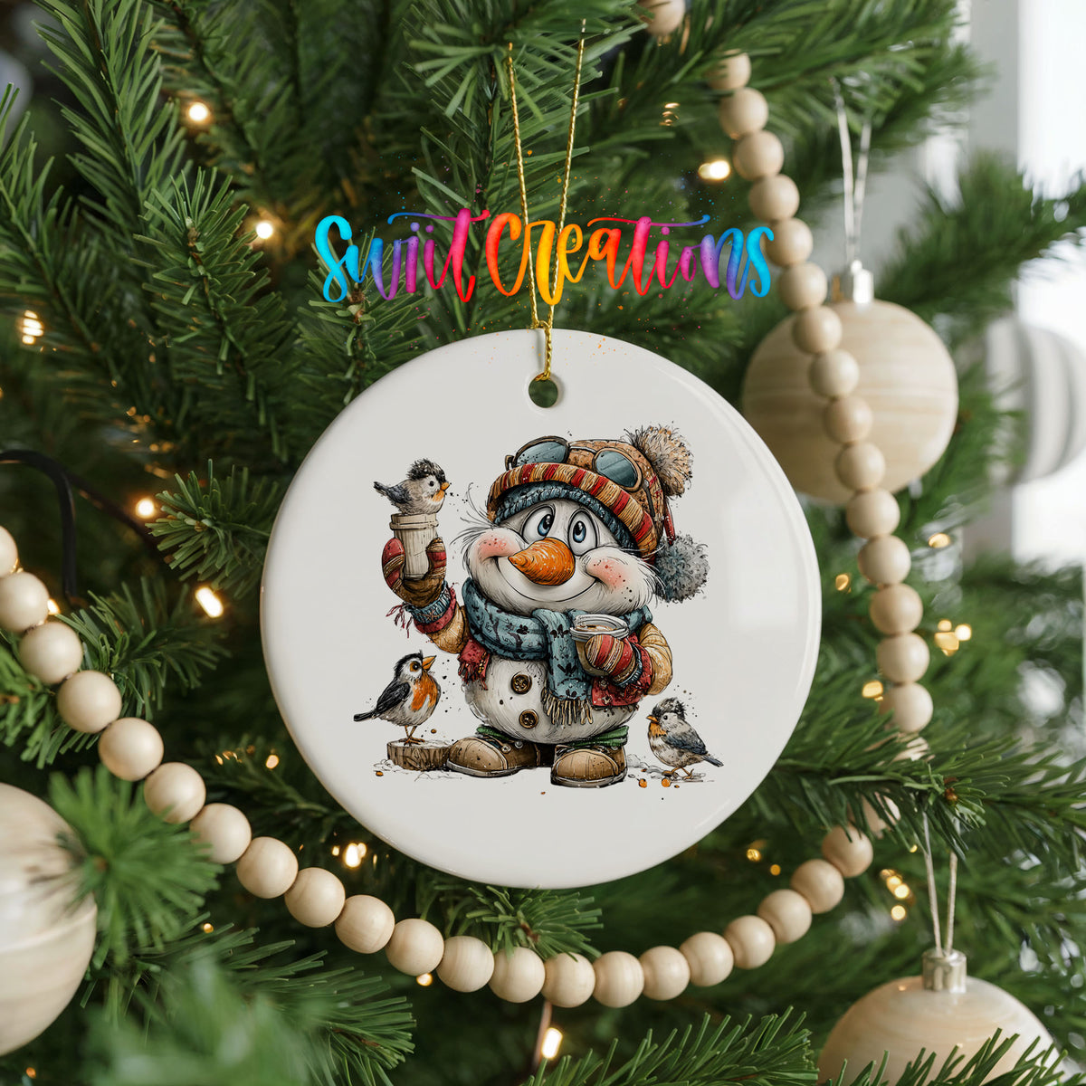 snowman in a striped winter hat surrounded by birds ceramic Christmas ornament hanging on a green Christmas tree