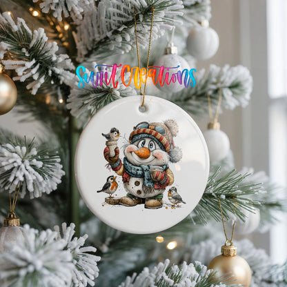 snowman in a striped winter hat surrounded by birds ceramic Christmas ornament hanging on a frosted Christmas tree