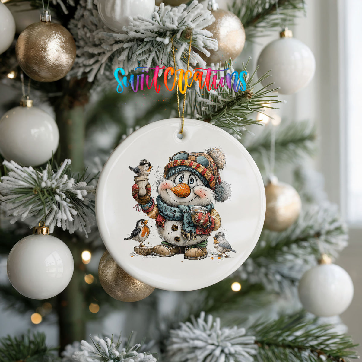 snowman in a striped winter hat surrounded by birds ceramic Christmas ornament hanging on a frosted tree with ornaments