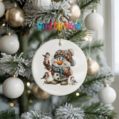 snowman in a striped winter hat surrounded by birds ceramic Christmas ornament hanging on a frosted tree with ornaments