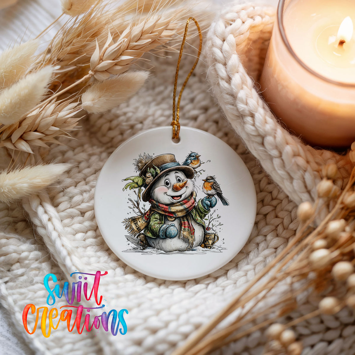 snowman in a brown hat with winter birds ceramic Christmas ornament styled on a cozy knit blanket