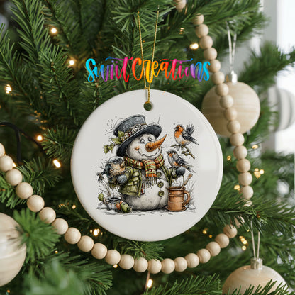 snowman beside a potted evergreen with birds ceramic Christmas ornament hanging on a green Christmas tree