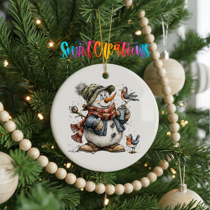 snowman in a green hat holding a winter bird ceramic Christmas ornament hanging on a green Christmas tree