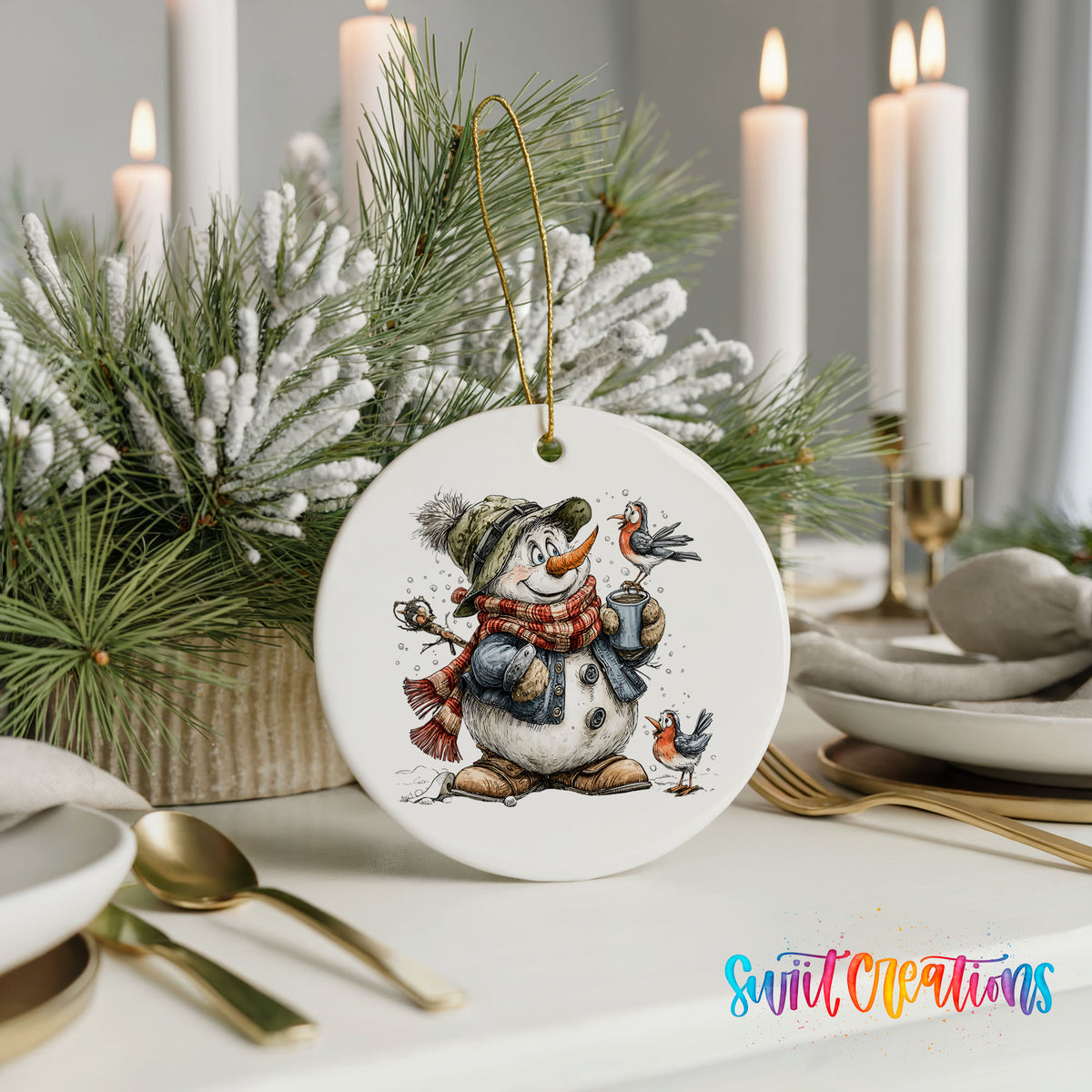 snowman in a green hat holding a winter bird ceramic Christmas ornament shown in a holiday table setting