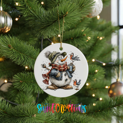snowman in a green hat holding a winter bird ceramic Christmas ornament hanging on a lit Christmas tree