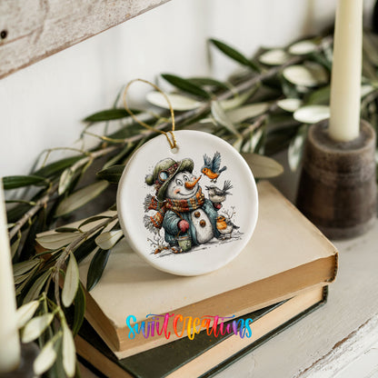 snowman in a green winter hat surrounded by birds ceramic Christmas ornament styled on stacked books with greenery