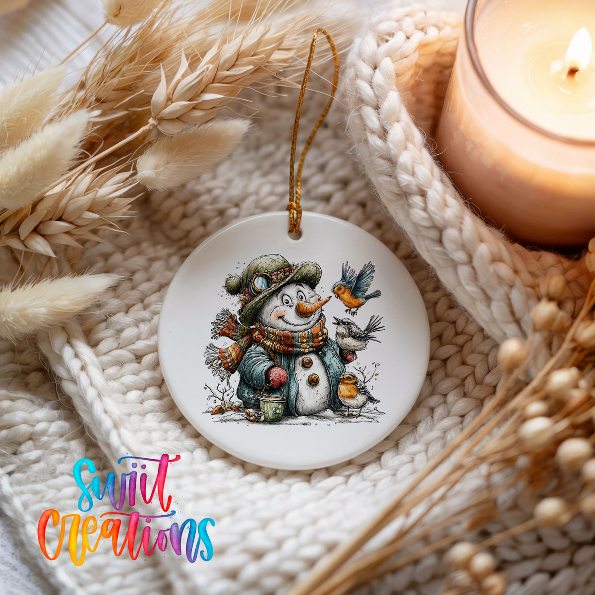 snowman in a green winter hat surrounded by birds ceramic Christmas ornament styled on a cozy knit blanket