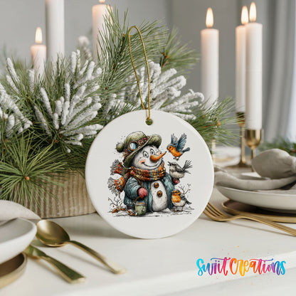 snowman in a green winter hat surrounded by birds ceramic Christmas ornament shown in a holiday table setting