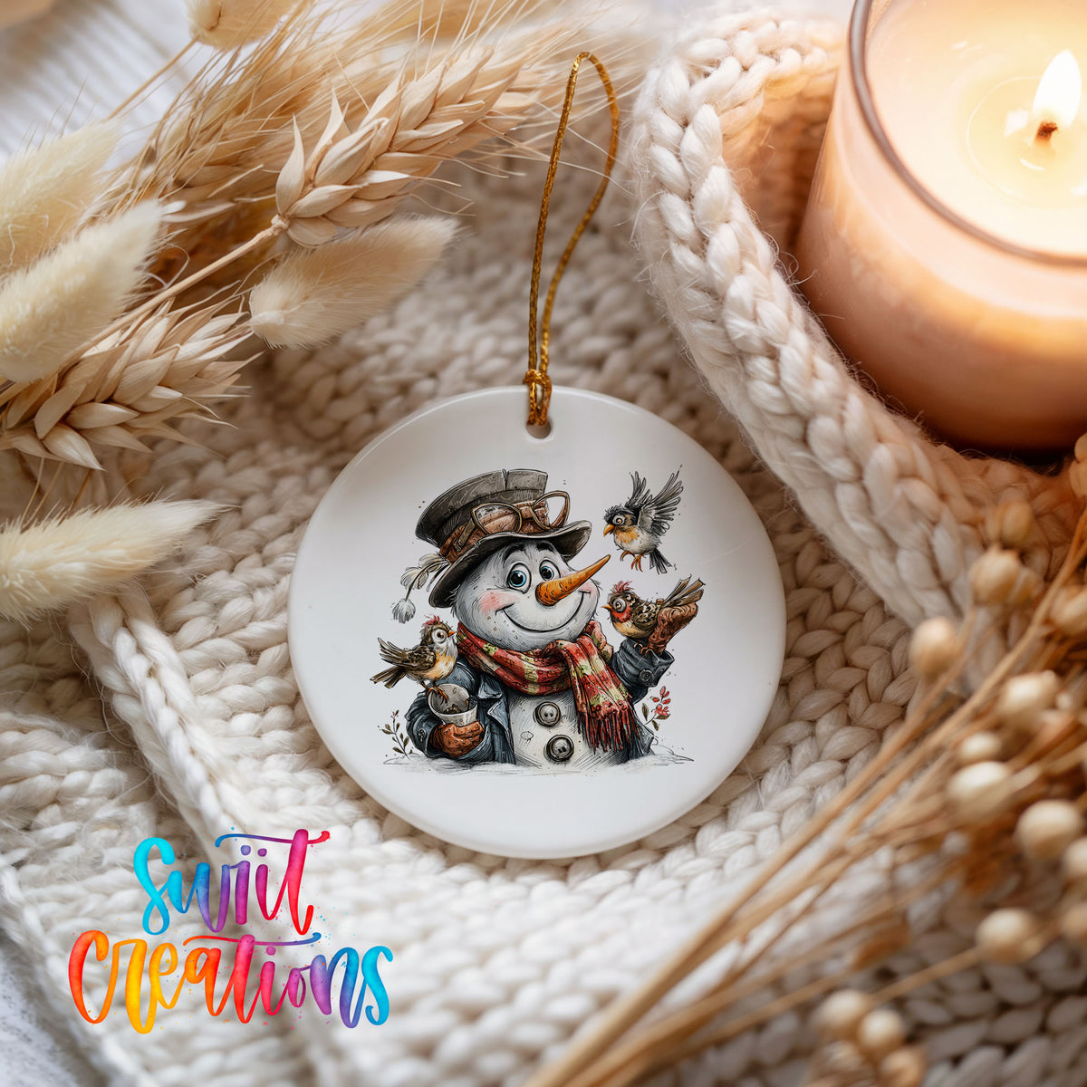 snowman in a brown hat holding a winter bird ceramic Christmas ornament styled on a cozy knit blanket