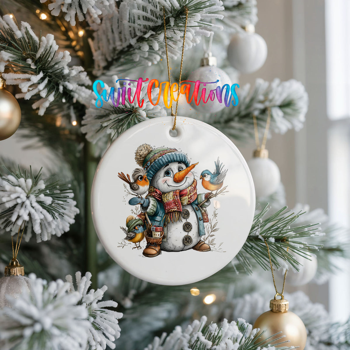 snowman in a blue hat with colorful winter birds ceramic Christmas ornament hanging on a frosted Christmas tree