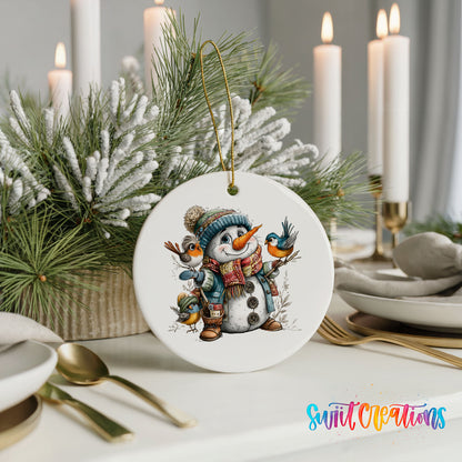 snowman in a blue hat with colorful winter birds ceramic Christmas ornament shown in a holiday table setting