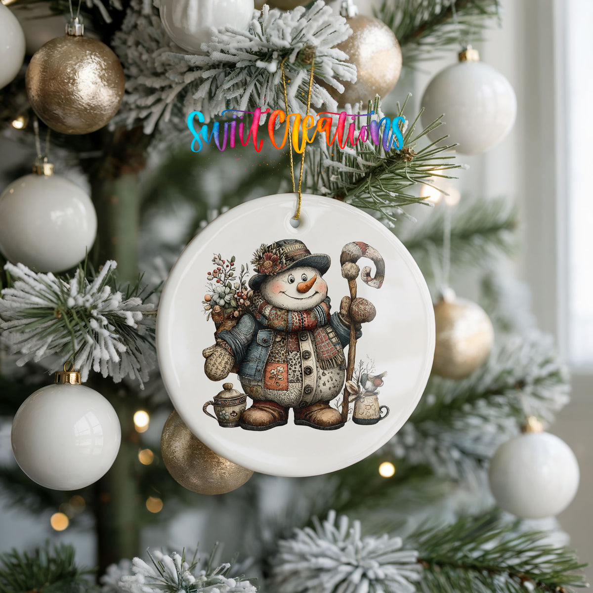 snowman in a brown winter hat holding a candy cane ceramic Christmas ornament hanging on a frosted tree with ornaments
