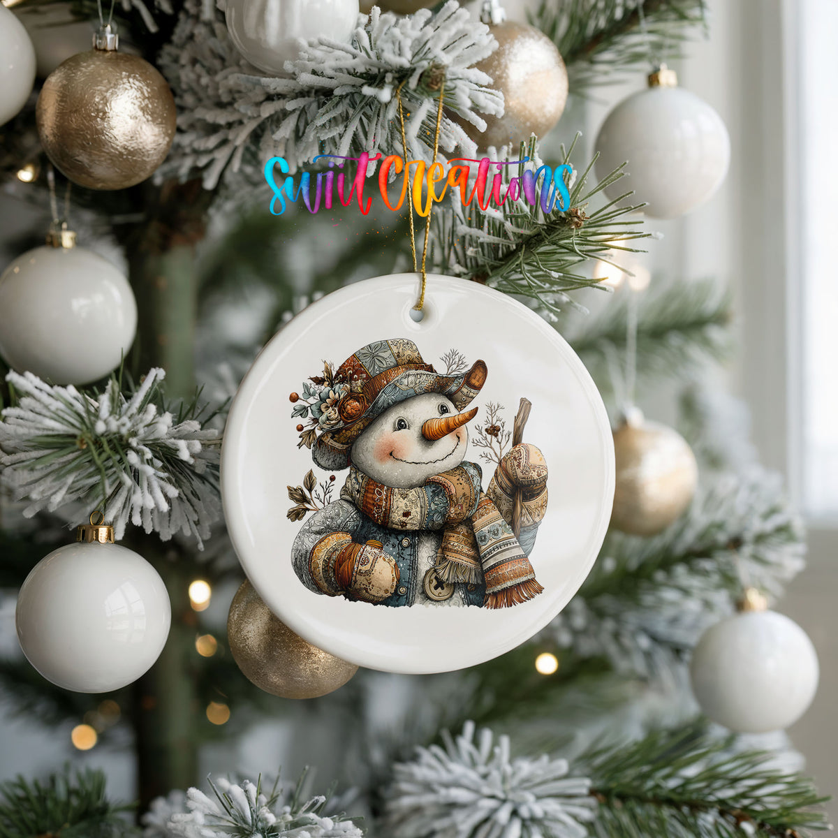 snowman in a brown hat with a winter walking stick ceramic Christmas ornament hanging on a frosted tree with ornaments