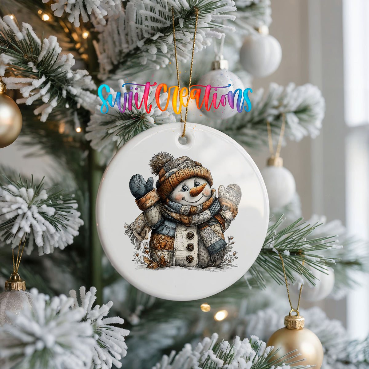 cheerful snowman in a knit hat and blue mittens ceramic Christmas ornament hanging on a frosted Christmas tree