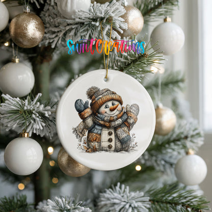 cheerful snowman in a knit hat and blue mittens ceramic Christmas ornament hanging on a frosted tree with ornaments