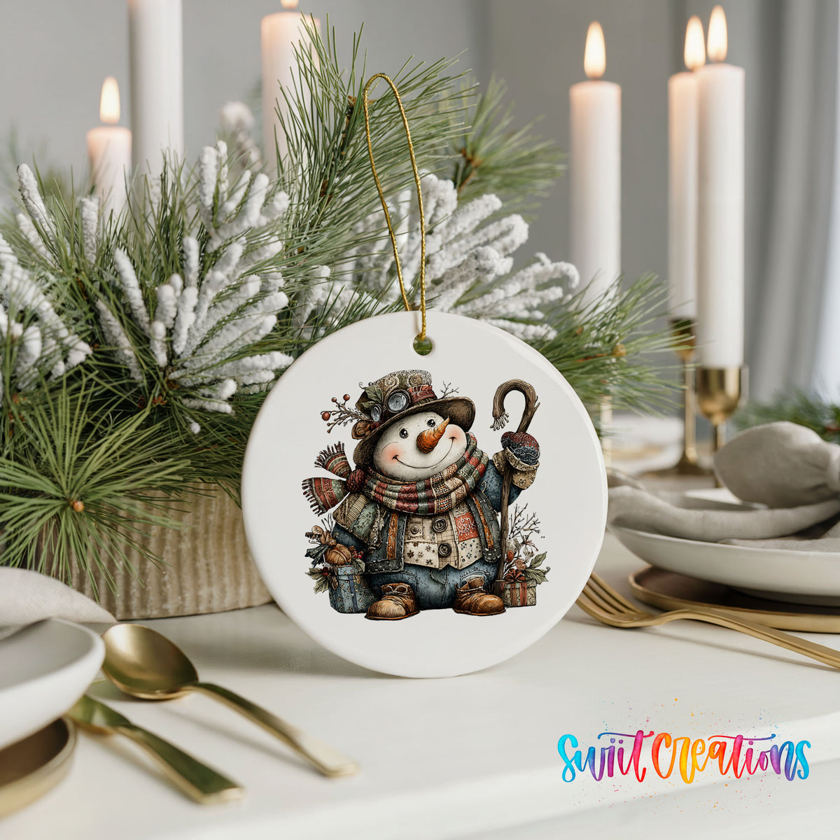 rustic snowman with a walking stick and plaid scarf ceramic Christmas ornament shown in a holiday table setting
